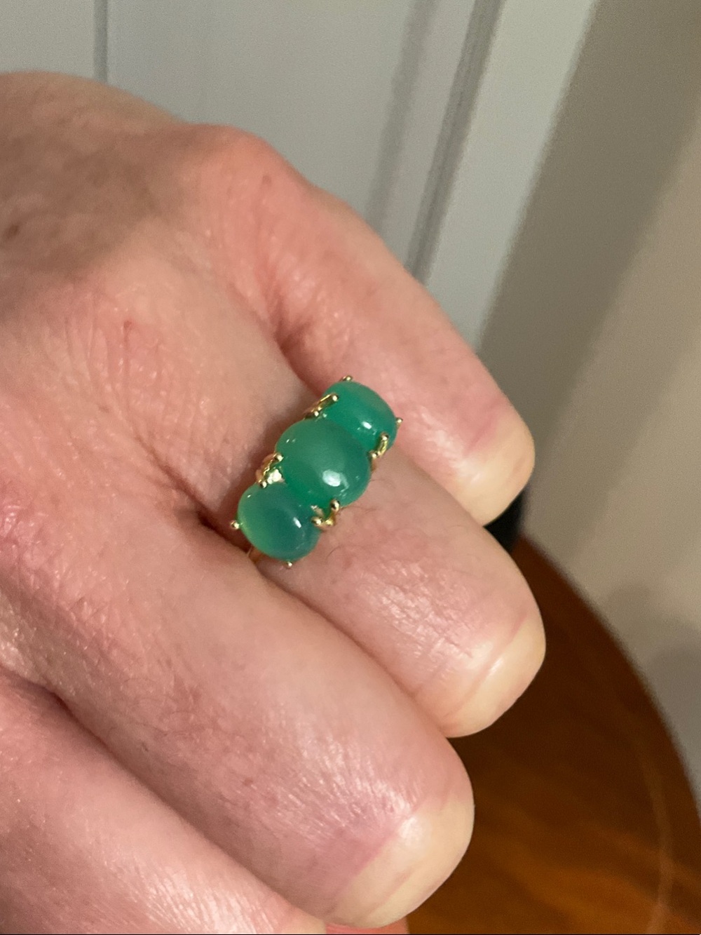 14k Gold Ring with Three chrysoprase Cabochon Stones - Women Jewelry